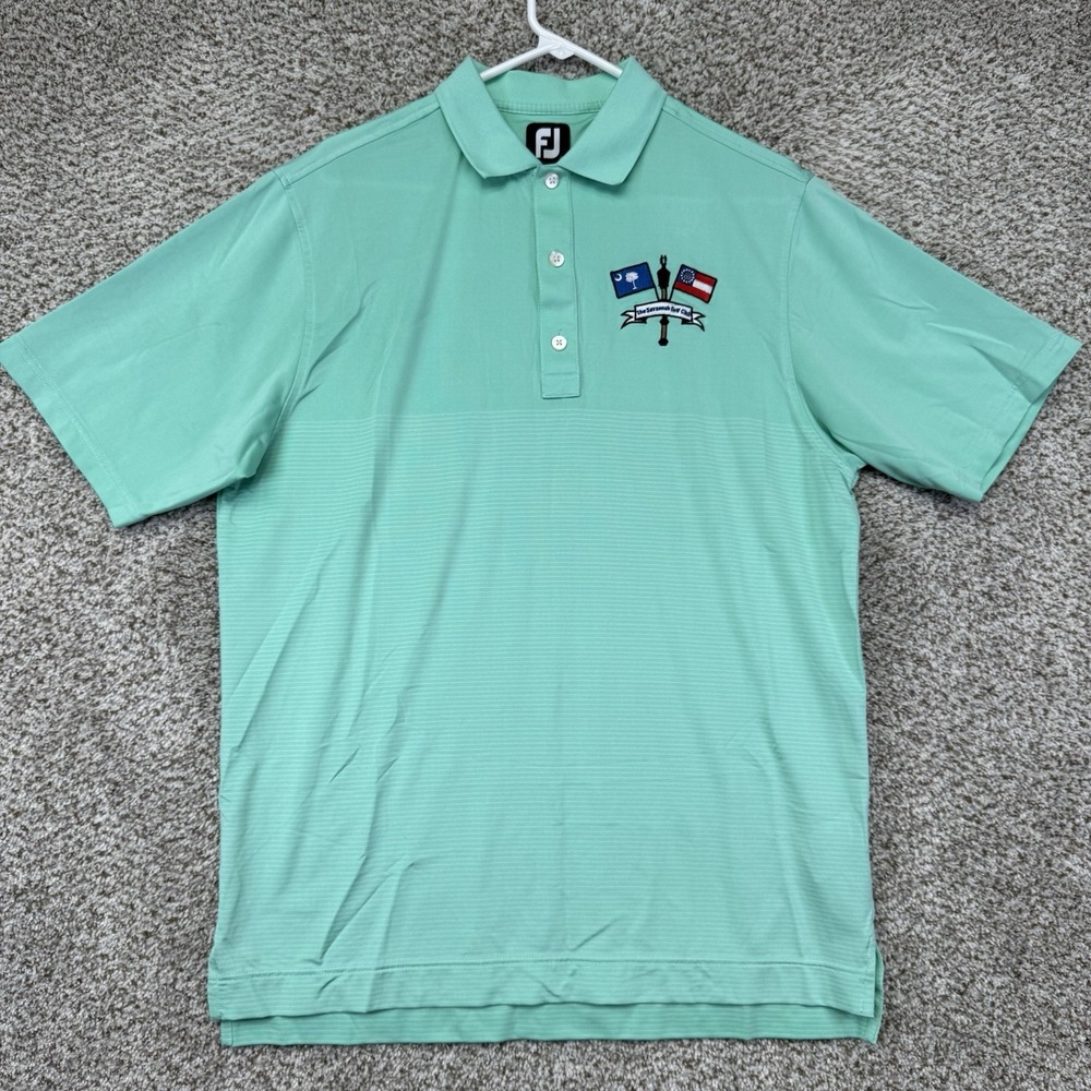 FootJoy Golf Polo Shirt‎ Men's Medium Teal Green Stripes Savannah Golf Club Logo